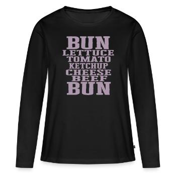 Burger Ingrédients Typographie Construction du cheeseburger - T-shirt manches longues Premium bio Femme - noir - Devant - Julia (174cm)