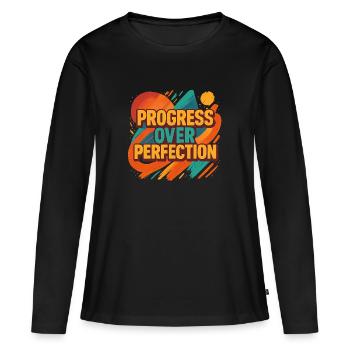 Le progrès plutôt que la perfection – Motivation - T-shirt manches longues Premium bio Femme - noir - Devant - Julia (174cm)