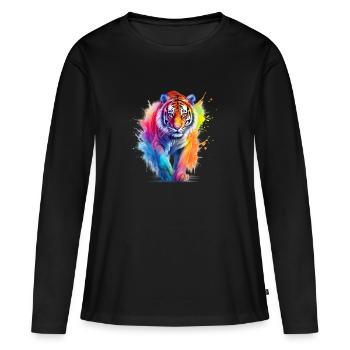 Tigre arc-en-ciel en aquarelle couleur éclaboussure. Look - T-shirt manches longues Premium bio Femme - noir - Devant - Julia (174cm)