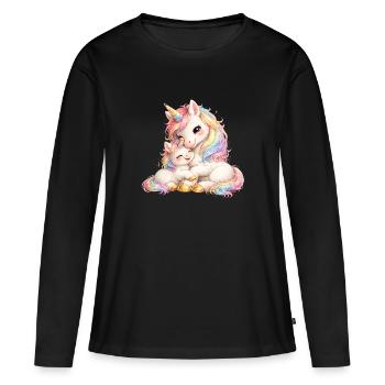 Maman licorne câlinée contre son bébé - T-shirt manches longues Premium bio Femme - noir - Devant - Julia (174cm)