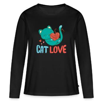 Chat chat amour tricot coeur - T-shirt manches longues Premium bio Femme - noir - Devant - Julia (174cm)