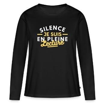 Silence je suis en pleine lecture - T-shirt manches longues Premium bio Femme - noir - Devant - Julia (174cm)