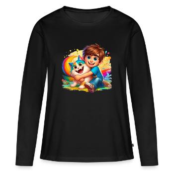 Garçon avec chat mignon - T-shirt manches longues Premium bio Femme - noir - Devant - Julia (174cm)