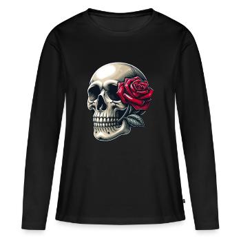 Skull mit Rose zwischen den Zähnen - Frauen Premium Bio Langarmshirt - Schwarz - Vorne - Julia (174cm)