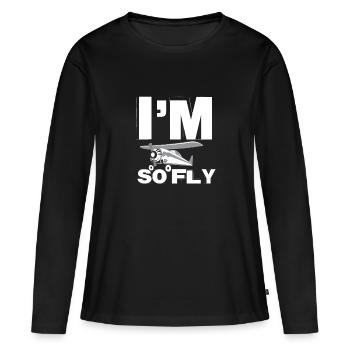 Idée de cadeau d'aviateur avion "Je suis trop mouche" - T-shirt manches longues Premium bio Femme - noir - Devant - Julia (174cm)