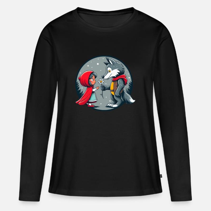 Rotkäppchen Wolf Märchen Kinder Blume Märchenfigur - Frauen Premium Bio Langarmshirt - Schwarz