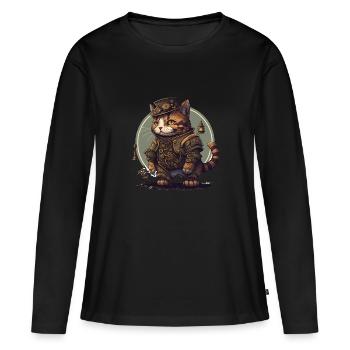 Chat Steampunk - T-shirt manches longues Premium bio Femme - noir - Devant - Julia (174cm)