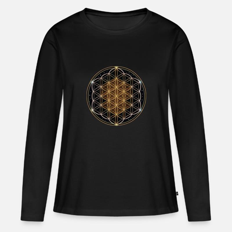 Blume des Lebens Motiv - Frauen Premium Bio Langarmshirt - Schwarz