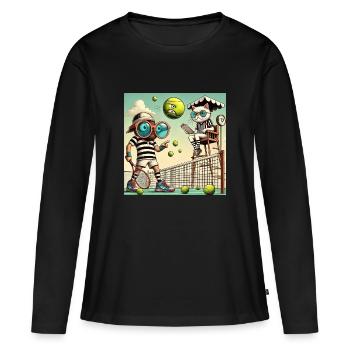 Tennis humour chat filet raquette balle - T-shirt manches longues Premium bio Femme - noir - Devant - Julia (174cm)