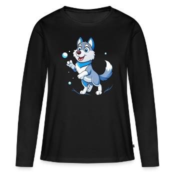 Schneeball-Showdown: Siberian Husky Delight - Frauen Premium Bio Langarmshirt - Schwarz - Vorne - Julia (174cm)