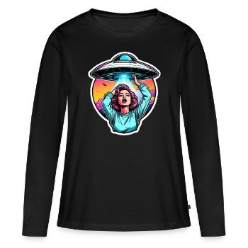 Woman is in fear of approaching UFO. - Women's Premium Organic Long Sleeve Shirt - black - Front - Julia (174cm)
