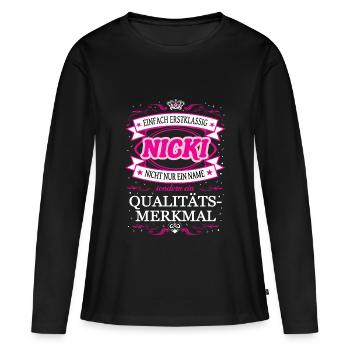 Qualitätsmerkmal Nicki einfach Erstklassig - Frauen Premium Bio Langarmshirt - Schwarz - Vorne - Julia (174cm)