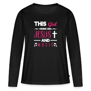 This Girl Runs On Jesus And Music - Frauen Premium Bio Langarmshirt - Schwarz - Vorne - Julia (174cm)