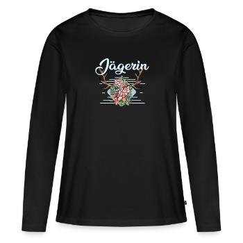 Jägerin Geweih Hirsch Rotwild Jäger Geschenk - Frauen Premium Bio Langarmshirt - Schwarz - Vorne - Julia (174cm)