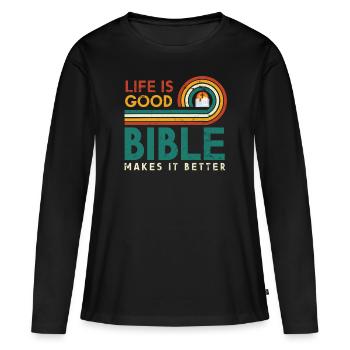 La vie est bonne, la Bible la rend meilleure - T-shirt manches longues Premium bio Femme - noir - Devant - Julia (174cm)