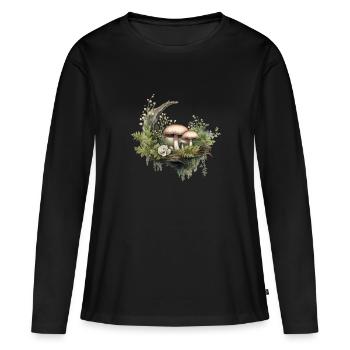 Waldpilze und Moos mit Rose - Frauen Premium Bio Langarmshirt - Schwarz - Vorne - Julia (174cm)