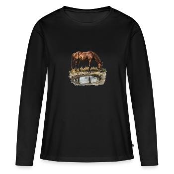 Pferd Am Wasserloch Reflektion Natur - Frauen Premium Bio Langarmshirt - Schwarz - Vorne - Julia (174cm)