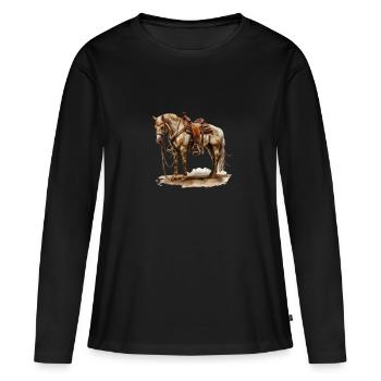 Cheval de selle western en selle brune - T-shirt manches longues Premium bio Femme - noir - Devant - Julia (174cm)