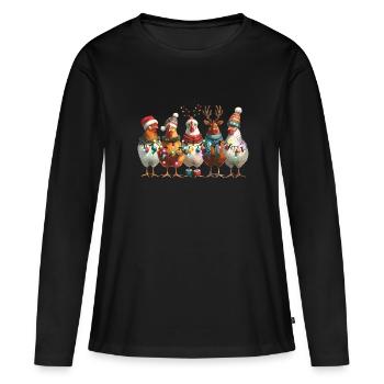 Weihnachtliche Hühner Mit Lichterketten Und Mützen - Frauen Premium Bio Langarmshirt - Schwarz - Vorne - Julia (174cm)