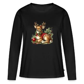 Weihnachtliches Rehkitz Mit Festlichem Kranz - Frauen Premium Bio Langarmshirt - Schwarz - Vorne - Julia (174cm)