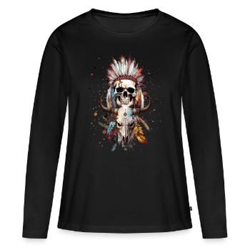 Crâne indigène avec crâne de buffle à l’aquarelle - T-shirt manches longues Premium bio Femme - noir - Devant - Julia (174cm)