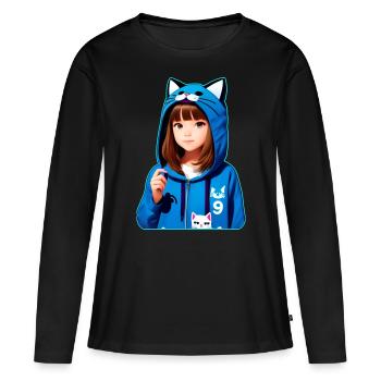 Jolie fille d’anime avec des chats à capuche - T-shirt manches longues Premium bio Femme - noir - Devant - Julia (174cm)