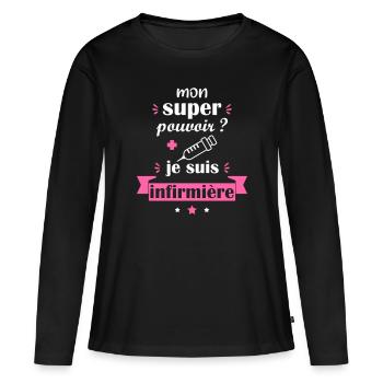 super pouvoir infirmière, cadeau fête des mères - T-shirt manches longues Premium bio Femme - noir - Devant - Julia (174cm)