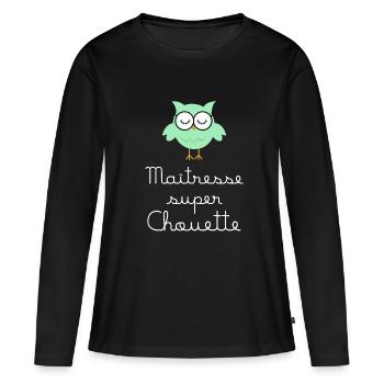 Maîtresse super chouette lunettes (écrit blanc) - T-shirt manches longues Premium bio Femme - noir - Devant - Julia (174cm)