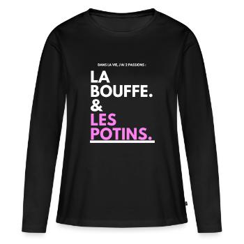 Bouffe et Potins Typo Noir Rose - T-shirt manches longues Premium bio Femme - noir - Devant - Julia (174cm)