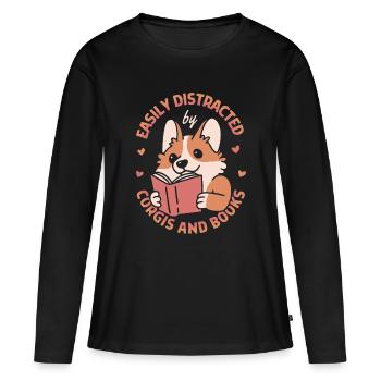 Leicht abgelenkt von Corgis und Büchern - Frauen Premium Bio Langarmshirt - Schwarz - Vorne - Julia (174cm)