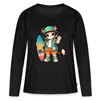Kawaii tropische Surferkatze - Frauen Premium Bio Langarmshirt - Schwarz - Vorne - Julia (174cm)