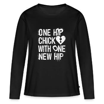 Humorous and proud – new hips, new happiness - Women's Premium Organic Long Sleeve Shirt - black - Front - Julia (174cm)