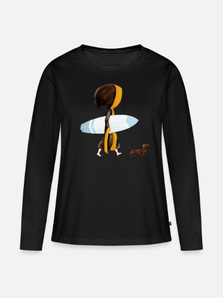 Münchner Kindl "Eisbach Surfer" mit Dackel - Frauen Premium Bio Langarmshirt - Schwarz