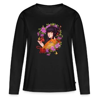 Japanerin mit Kamelien und roter Schleife - Frauen Premium Bio Langarmshirt - Schwarz - Vorne - Julia (174cm)