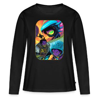Science fiction cartoon with aliens and astronauts - Women's Premium Organic Long Sleeve Shirt - black - Front - Julia (174cm)
