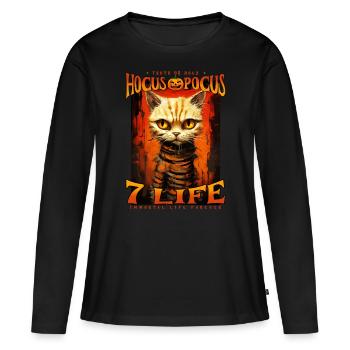 Grimmige Halloween Katze Spruch Hocus Pocus 7 life - Frauen Premium Bio Langarmshirt - Schwarz - Vorne - Julia (174cm)