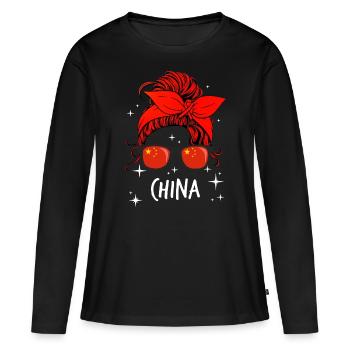 Chine - T-shirt manches longues Premium bio Femme - noir - Devant - Julia (174cm)
