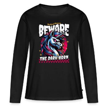 ATTENTION À LA LICORNE NOIRE Menace mythique - T-shirt manches longues Premium bio Femme - noir - Devant - Julia (174cm)