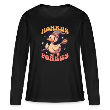 Honkus Ponkus Funny Halloween Witch Goose - Frauen Premium Bio Langarmshirt - Schwarz - Vorne - Julia (174cm)