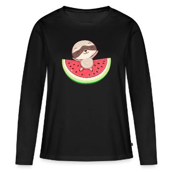 Sloth with watermelon - Relaxed design - Women's Premium Organic Long Sleeve Shirt - black - Front - Julia (174cm)