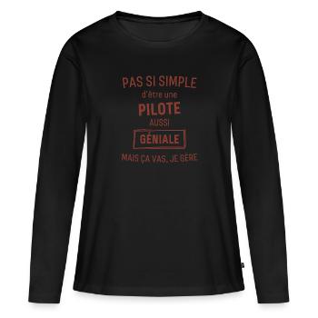 Pilote GÉNIALE rouge brunâtre foncé - T-shirt manches longues Premium bio Femme - noir - Devant - Julia (174cm)