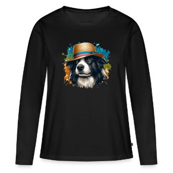 Dessin de Border Collie + fond d’éclaboussure - T-shirt manches longues Premium bio Femme - noir - Devant - Julia (174cm)