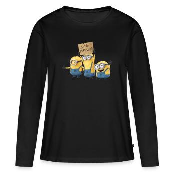 Minions Drei Fröhliche Minions Mit Schild - Frauen Premium Bio Langarmshirt - Schwarz - Vorne - Julia (174cm)