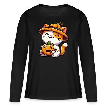Lunatique Halloween chat citrouille chapeau - T-shirt manches longues Premium bio Femme - noir - Devant - Julia (174cm)