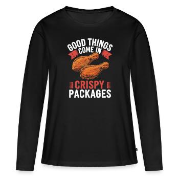 Ailes de poulet Les bonnes choses viennent dans des emballages croustillants - T-shirt manches longues Premium bio Femme - noir - Devant - Julia (174cm)