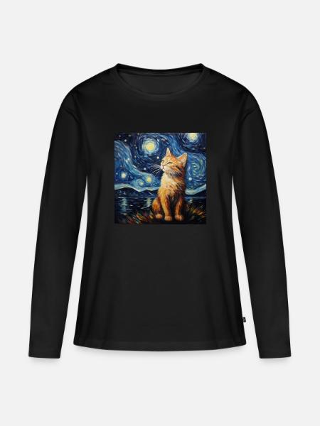 Katze, katzenmotiv, van gogh, sternennacht - Frauen Premium Bio Langarmshirt - Schwarz