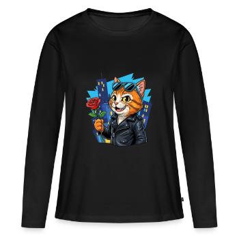 Chat cool avec rose – Offensive de charme ! - T-shirt manches longues Premium bio Femme - noir - Devant - Julia (174cm)