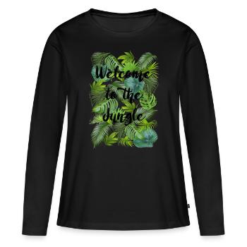 Willkommen im Jungel - Blatt - Natur - Musik- Somm - Frauen Premium Bio Langarmshirt - Schwarz - Vorne - Julia (174cm)