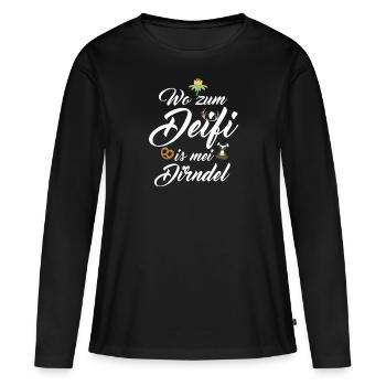 Wo zum Deifi is mei Dirndl Spruch - Frauen Premium Bio Langarmshirt - Schwarz - Vorne - Julia (174cm)