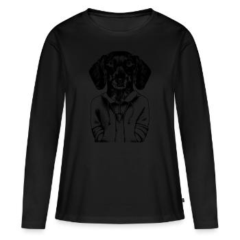 Comic Dackel Welpe im Hoodie, mit treuem Blick. - Frauen Premium Bio Langarmshirt - Schwarz - Vorne - Julia (174cm)